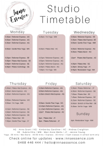 Inna Essence Underwood Studio Pilates and Yoga Timetable