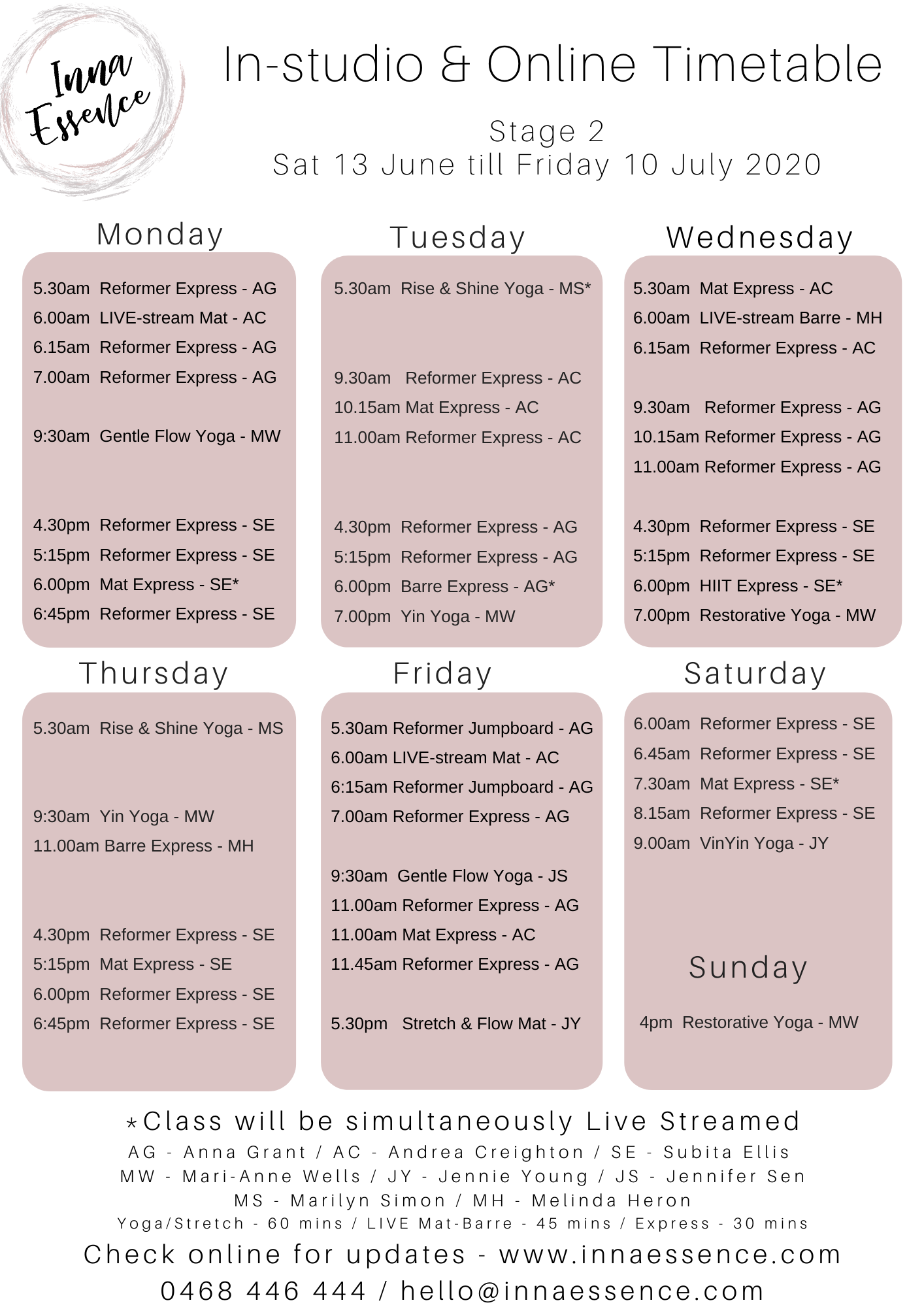 Inna Essence Pilates and Yoga Underwood Stage 2 timetable
